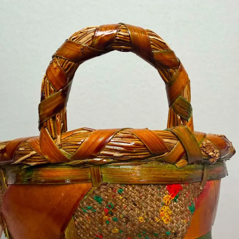 Vintage Woven Wicker Oval Basket With Handles Boho Farmhouse Country Decor